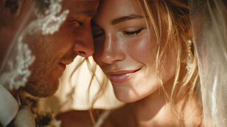 A close-up image of a couple in love during their wedding day, showcasing genuine smiles and emotional connection in a warm, soft-lit atmosphere.の素材
