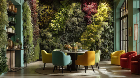 This stunning interior features a cozy dining area surrounded by a lush vertical garden wall, brightened by colorful chairs, offering a vibrant and stylish atmosphere.の素材