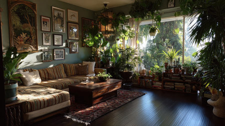 A warm and inviting living room filled with lush indoor plants and framed artwork, creating a serene atmosphere bathed in natural light. Perfect for relaxation.の素材