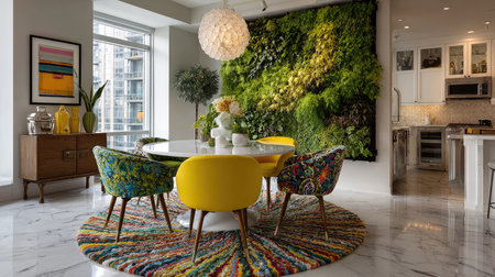 This modern dining area features bright furniture, a lush green wall art, and a vibrant rug, creating a stylish and inviting space ideal for gatherings.の素材