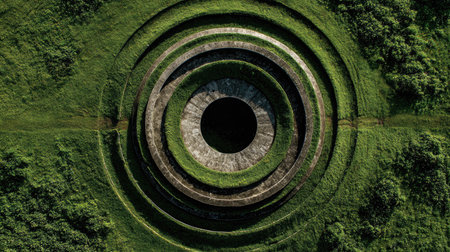 This aerial photograph showcases a mesmerizing circular structure nestled in a vibrant green landscape. The intricate patterns and textures add an artistic flair, inviting exploration and contemplation.の素材