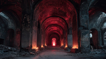 This captivating image showcases an abandoned gothic hallway illuminated by striking red lighting, creating an eerie and atmospheric scene full of decay and beauty.の素材
