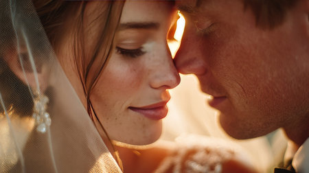 This breathtaking image captures an intimate moment between a bride and groom during their wedding ceremony, highlighting their love and connection.の素材
