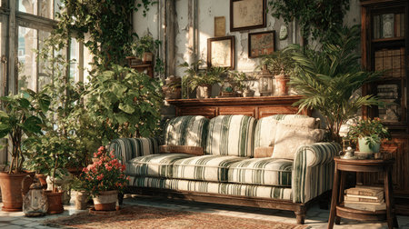 A welcoming living room featuring a vintage striped sofa adorned with soft cushions, surrounded by vibrant plants, creating a serene and cozy atmosphere.の素材