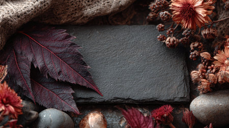 A serene slate background showcases the beauty of dried flowers and colorful leaves, complemented by smooth stones, perfect for artistic and creative projects.の素材