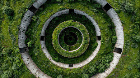 This captivating aerial image showcases abandoned circular structures enveloped in vibrant greenery, creating a striking contrast of nature and architecture.の素材