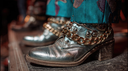 Capture a stunning look at unique metallic shoes adorned with chains, set against a vibrant stage backdrop, showcasing artistic fashion elements in a lively performance.の素材