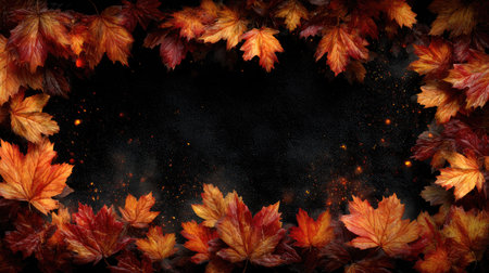 Capture the essence of autumn with this stunning image featuring vibrant leaves in hues of orange and red on a dark background. Perfect for seasonal designs.の素材