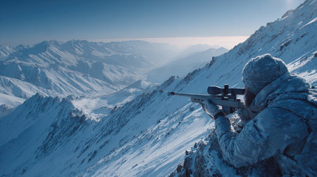 A lone sniper in camouflage gear steadies a rifle in a breathtaking winter mountain landscape. Snow blankets the peaks, creating a serene yet tense atmosphere.の素材