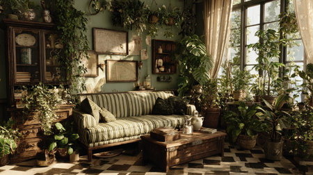 This inviting indoor living space features lush plants and vintage decor, creating a serene and cozy atmosphere perfect for relaxation and enjoyment.の素材
