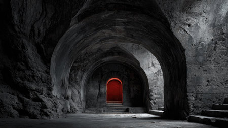 Explore a haunting underground cave featuring a striking red door that invites curiosity amidst dark stone walls and eerie shadows, creating a surreal atmosphere.の素材