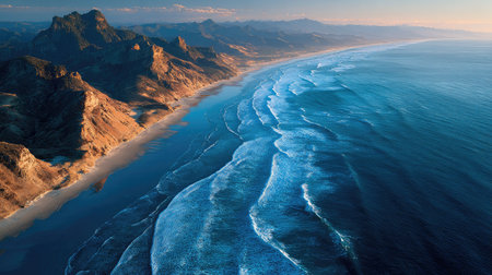 This stunning aerial photography captures a breathtaking view of ocean waves gently crashing against a golden sandy beach, framed by dramatic mountains in the background.の素材