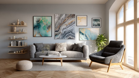 This image showcases a cozy modern living room featuring stylish furniture, vibrant wall art, and ample natural light, creating a relaxing atmosphere.の素材