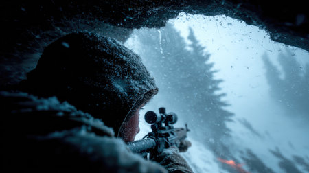 A soldier dressed in camouflage gear takes aim with a sniper rifle amidst a snowy wilderness, highlighting determination amid harsh weather conditions.の素材