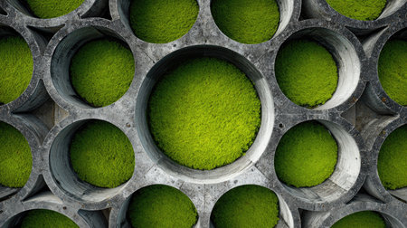 This image showcases a close-up view of circular concrete planters filled with vibrant green moss, presenting a unique blend of nature and modern design elements.の素材