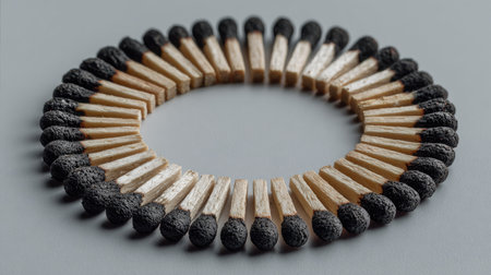 This image features a unique circular arrangement of wooden matches with black tips set against a smooth gray backdrop, showcasing artistic symmetry and creativity.の素材