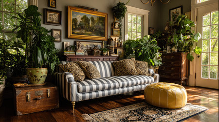 This inviting living room showcases a beautifully striped sofa adorned with plush pillows. Surrounded by greenery and vintage decor, the space exudes warmth and comfort. Natural light floods the room, highlighting the wooden floors and elegant accents that create a perfect blend of style and relaxation. A plush ottoman adds a touch of coziness, making this space ideal for lounging and entertaining.の素材