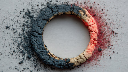 This image features a circular composition showcasing a blend of gray, beige, and red textures against a smooth white background, highlighting unique artistic details.の素材