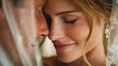 A beautiful close-up of a bride and groom sharing a tender moment during their wedding ceremony, showcasing their love and connection in soft glowing light.の素材