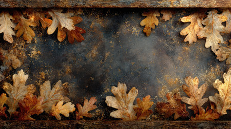 A beautifully composed scene featuring autumn oak leaves arranged on a rustic background, creating a warm and inviting atmosphere perfect for seasonal themes.の素材