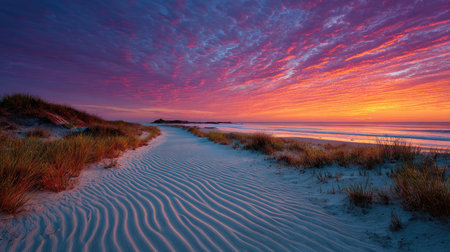 Experience the beauty of a vibrant sunset over a quiet beach, where colorful skies meet gentle waves and peaceful sands create a serene escape.の素材