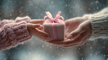A heartwarming scene captures a child and an adult exchanging a beautifully wrapped gift adorned with a pink ribbon in a snowy winter setting, evoking feelings of joy and love.の素材