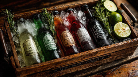 An enticing collection of colorful natural beverages nestled in ice within a rustic wooden crate, garnished with limes and herbs, ideal for summer gatherings.の素材