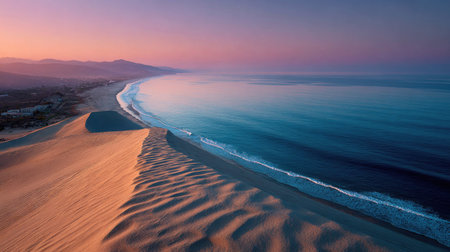 Experience the tranquility of a serene sunset illuminating coastal dunes, where soft waves gently kiss the sandy shore under a gradient sky.の素材