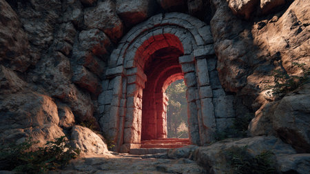 This image captures an ancient stone archway framed by rugged rocks and lush foliage, creating a serene and mysterious atmosphere in a forest.の素材