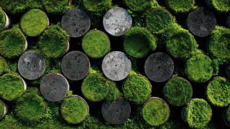 An overhead view showcases round drums overtaken by vibrant green grass, highlighting the harmony between industrial elements and nature in a serene setting.の素材