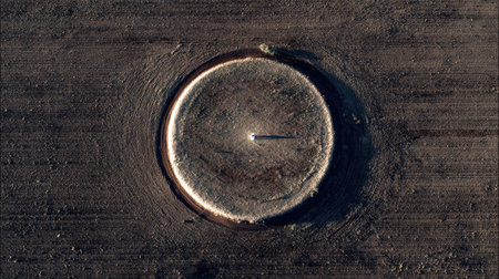 This striking aerial image captures a circular crop field with a central feature, framed by patterns in the dry soil, showcasing the beauty of agriculture.の素材