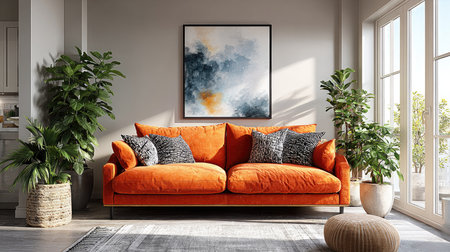 A vibrant orange sofa takes center stage in this modern living room, surrounded by lush plants and stylish decor, creating a cozy and inviting atmosphere.の素材