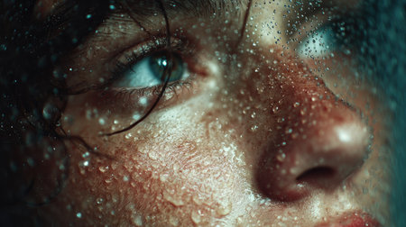 This evocative close-up portrait captures a young woman's expression behind a glass pane adorned with water droplets, creating an intimate and serene ambiance.の素材