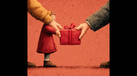 A heartwarming scene depicting a child joyfully receiving a gift from an adult, capturing the essence of love, excitement, and the joy of giving during festive times.の素材