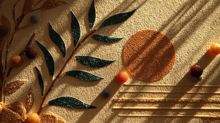This captivating abstract artwork features textured leaf patterns and geometric shapes, creating a harmonious blend of warm tones and intricate details.の素材