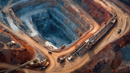 This aerial image depicts a large open-pit mine, showcasing the scale of excavation and mineral extraction. Trucks and machinery traverse the rugged terrain, symbolizing industrial progress.の素材