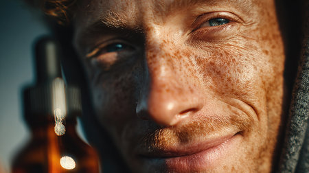 A cheerful young man with freckles and a warm smile holds a glass dropper bottle outdoors. The soft natural light accentuates his features, evoking a sense of wellness and vitality.の素材