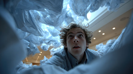 A thoughtful young man gazes upward at an imaginative indoor installation made of crumpled paper, evoking feelings of wonder and creativity.の素材