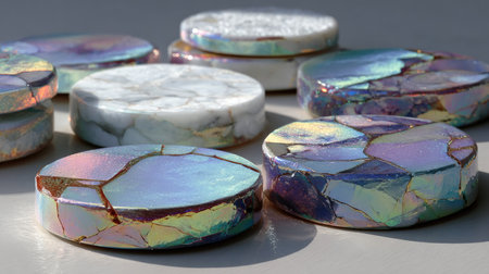 A captivating collection of colorful stones, showcasing unique patterns and reflective surfaces. Perfect for artistic displays, home decor, or photography.の素材