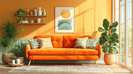 A vibrant living room featuring a bold orange sofa, stylish pillows, and lush plants creates a cheerful atmosphere. Sunlight pours in, highlighting modern design.の素材