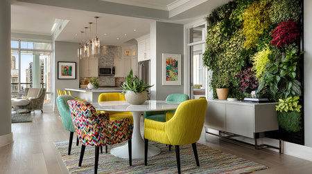 A modern living space showcasing a sleek dining area with vibrant chairs surrounding a round table and a stunning vertical garden wall, exuding elegance.の素材