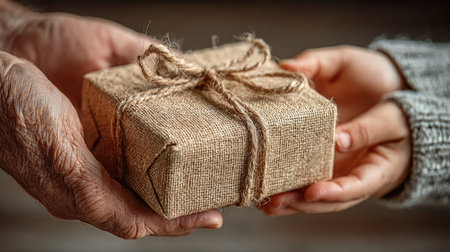 A touching scene illustrates the exchange of a wrapped gift between a child and an elderly person, symbolizing love and tradition in a cozy environment.の素材