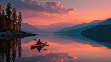 A tranquil scene capturing a solitary kayaker gliding across a calm lake at sunset, surrounded by vibrant colors and majestic mountains.の素材