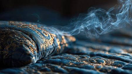 Captivating image of an ornate cushion releasing delicate wisps of smoke on a luxurious quilt. This serene scene evokes warmth and elegance, perfect for home decor inspiration.の素材