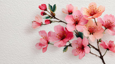 A beautiful watercolor illustration of pink cherry blossoms on a delicate branch, set against a soft, neutral background, perfect for spring-themed designs.の素材