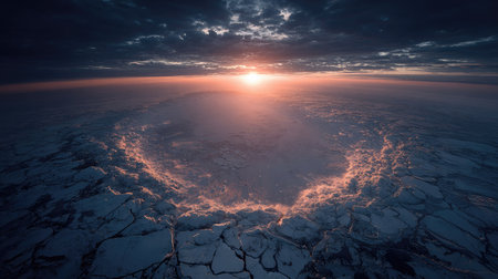 This stunning aerial image captures a breathtaking sunrise illuminating a frozen landscape, showcasing intricate patterns of ice and snow beneath a dramatic sky.の素材