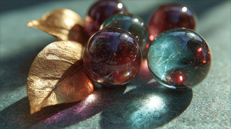 This image features a captivating arrangement of colorful glass marbles accompanied by golden leaves, elegantly lit to highlight textures and reflections.の素材