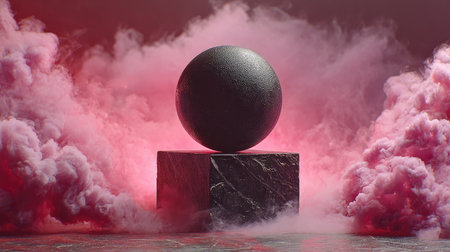 A striking black sphere rests on a textured stone pedestal, enveloped in vibrant pink smoke, creating a captivating visual experience perfect for artistic endeavors.の素材