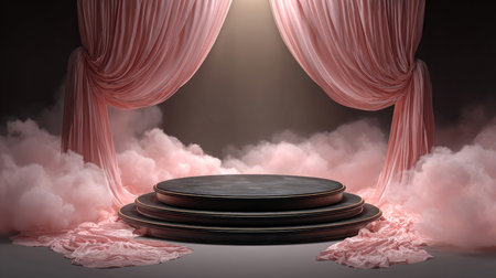 This captivating stage setup features soft pink drapes and gentle fog, creating an inviting atmosphere perfect for elegant performances or photography.の素材