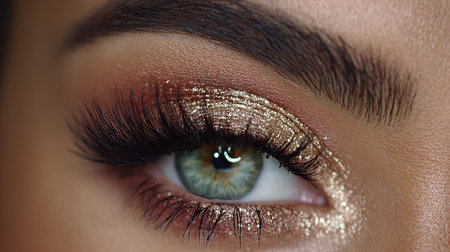 This stunning close-up image captures the beauty of an eye adorned with glittering makeup and long eyelashes, highlighting a glamorous and captivating look.の素材